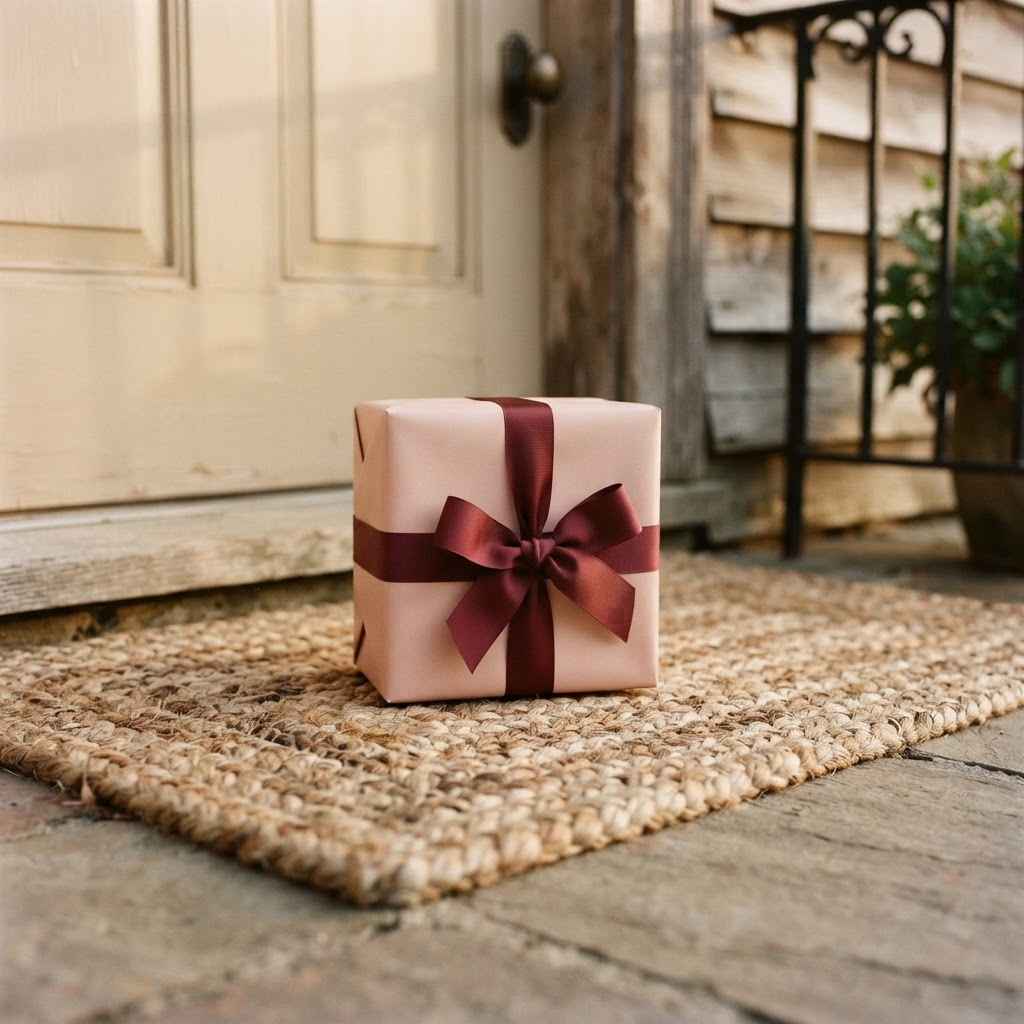 A wrapped gift box in blush paper with a wine-red ribbon, set down at a doorstep in soft afternoon light