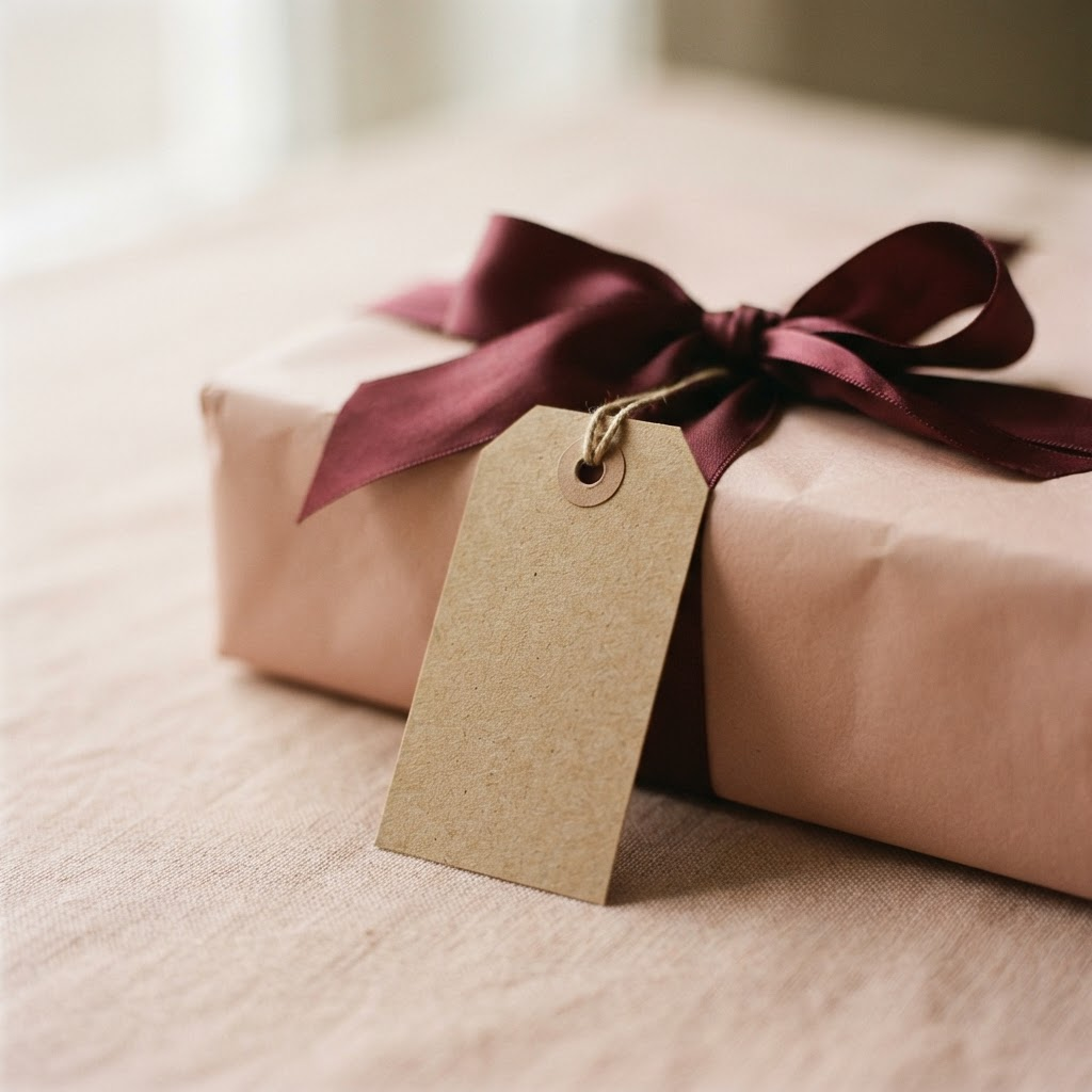 A blank kraft gift tag tied with wine-red ribbon to a wrapped gift box
