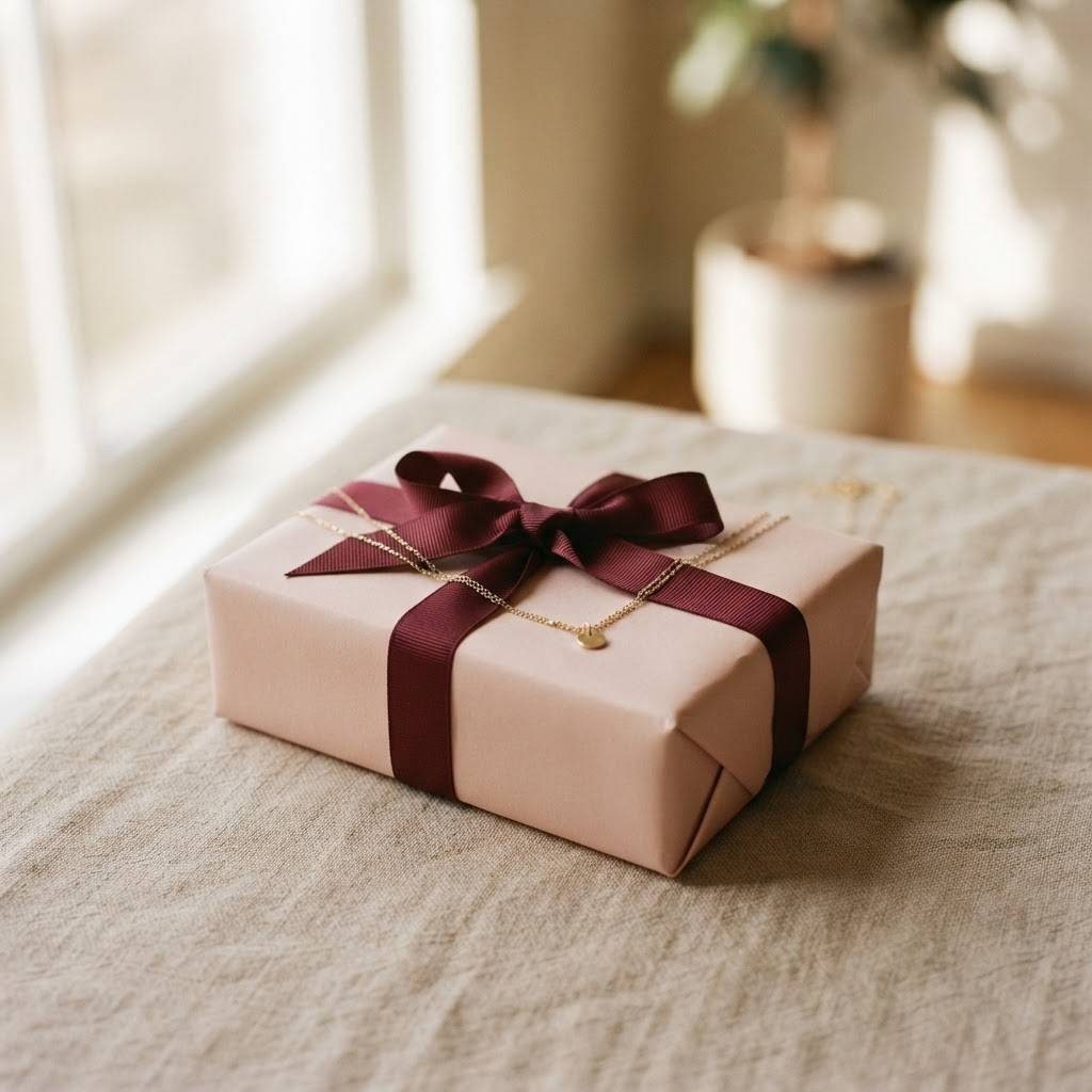 A wrapped gift box in blush paper tied with a wine-red ribbon, with a thin gold necklace draped across it