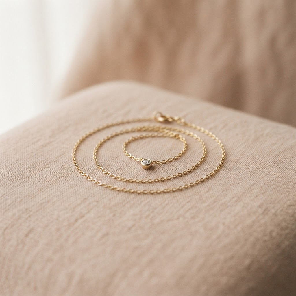 A fine gold chain necklace with a small pendant, coiled on fabric