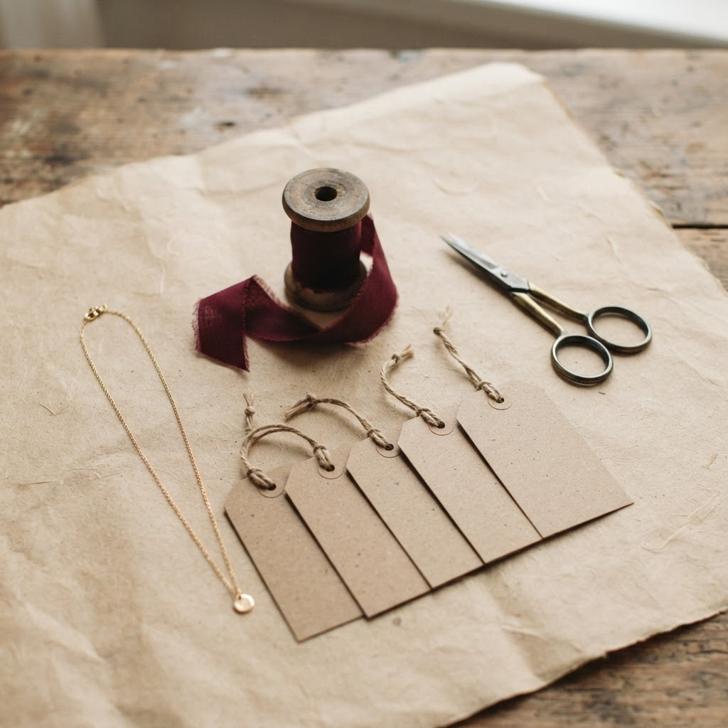 Overhead view of a wrapping table with blush paper, wine-red ribbon, scissors and a small jewellery box being wrapped by hand
